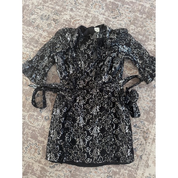 The Vampires Wife x H&M Black Silver Lace Mini Dress Ruffle Sleeve Size Medium - Picture 7 of 8